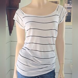 Michelle Women's Lg White W/ Black Stripes Fitted Scoop Neck Tee Cut Ladder Back